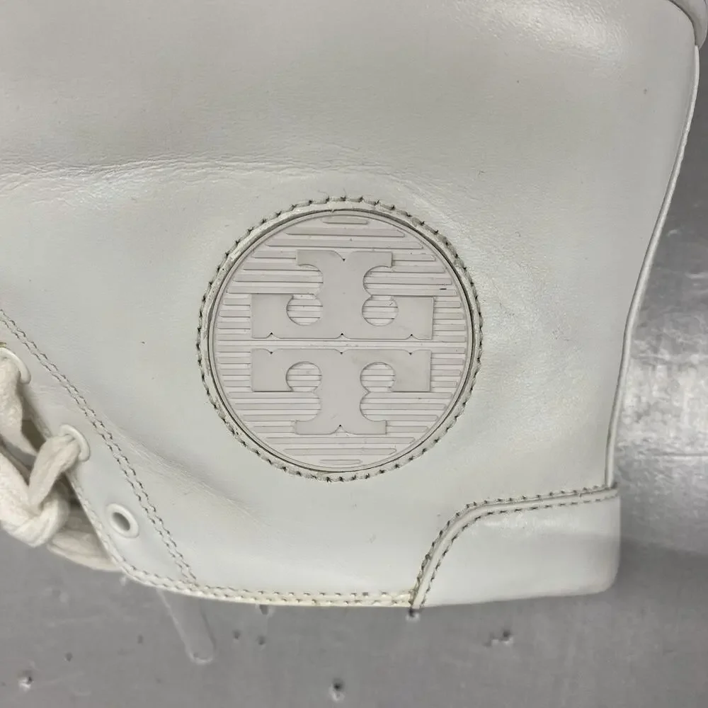 Tory Burch Nola High Top Sneakers Womens 8.5 White Leather Double T Logo 32702